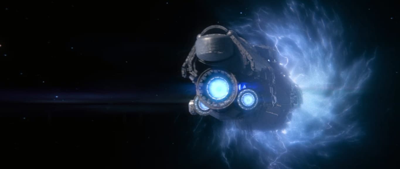 Spacecraft entering a glowing blue slipspace portal